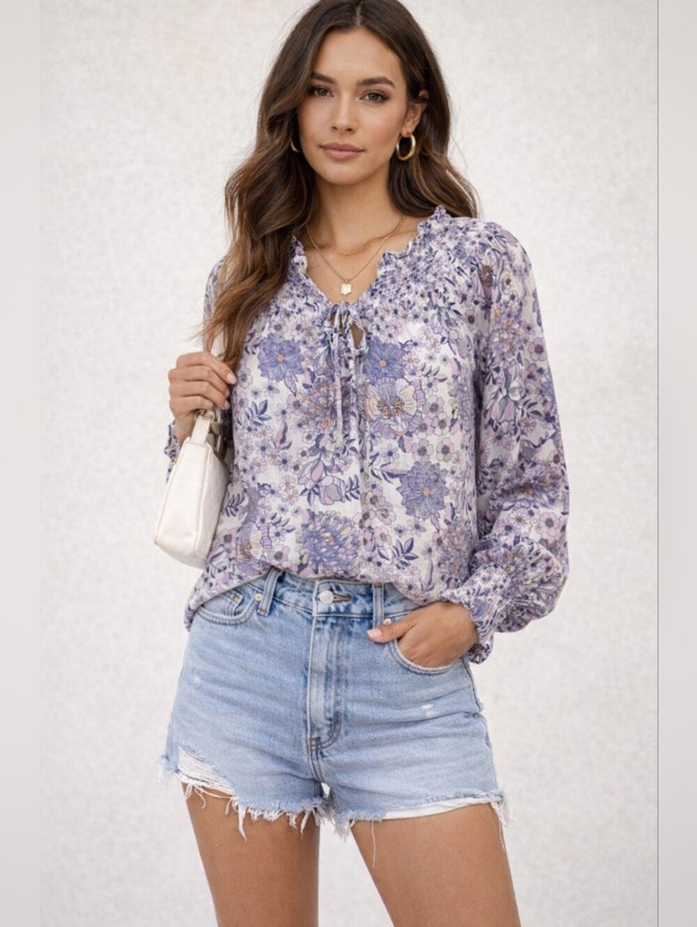 Jane Delancey Floral 100% Rayon Smocked Neck Blouse Size L